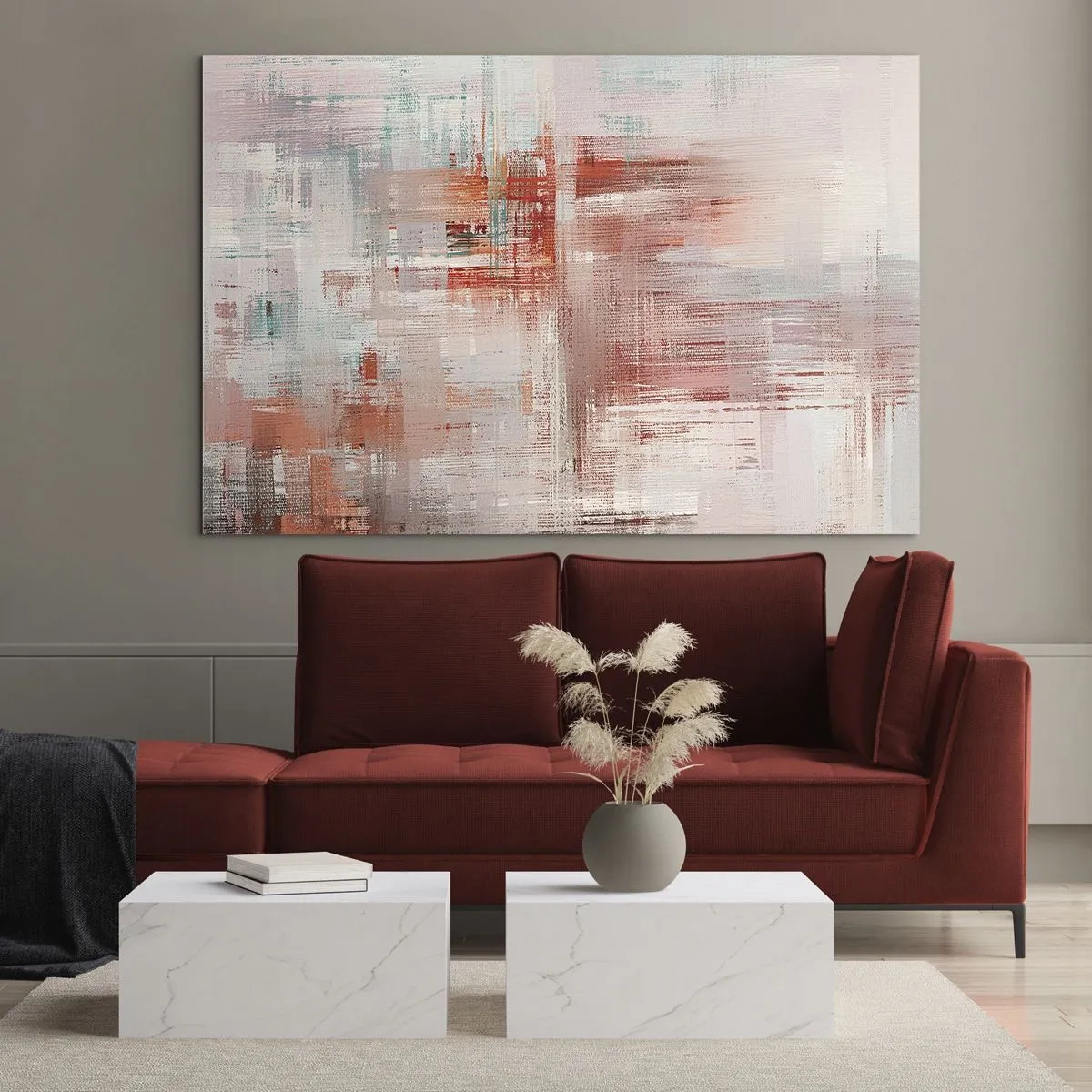 Cuadro sobre vidrio - Impresiones sobre Vidrio - Una composición abstracta en tonos rojos y beige. - 70x50cm - Niebla rosa - Decoración de pared moderna para salón y dormitorio ARTTOR