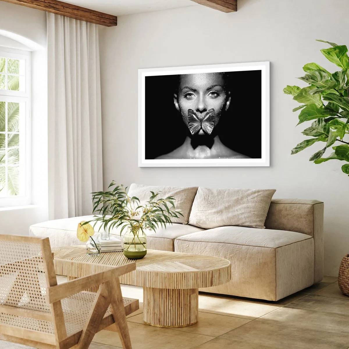 Póster en marco blanco - Beso de mariposa - 100x70 cm