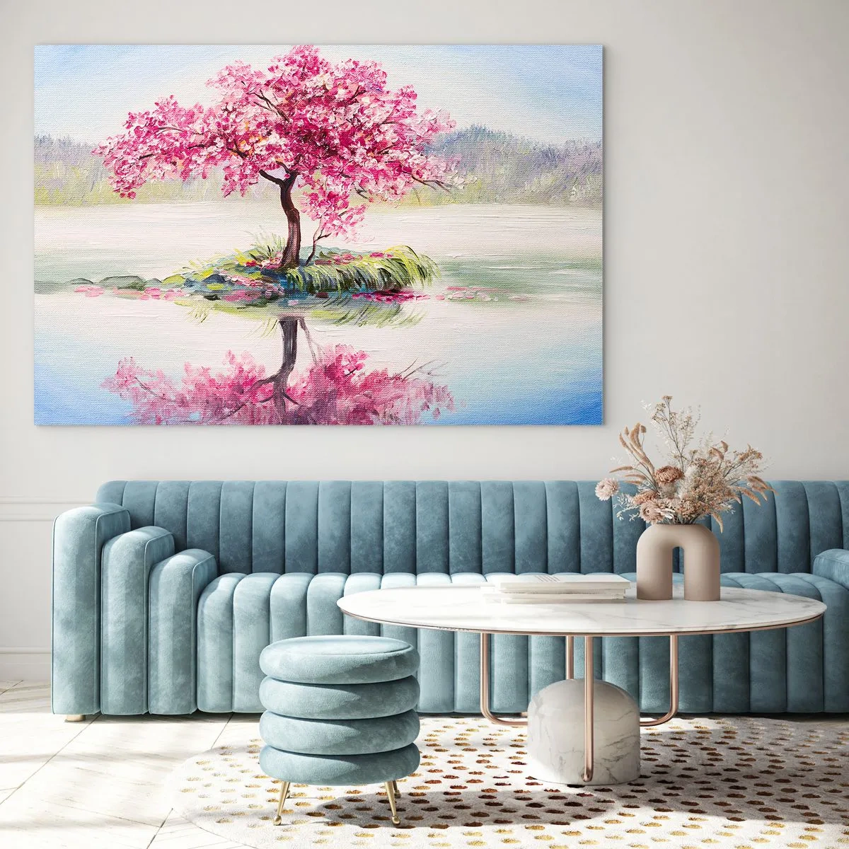 Cuadro sobre vidrio - Impresiones sobre Vidrio - Un árbol rosa en una isla reflejado en el agua tranquila. - 120x80cm - Una celebración de la primavera - Decoración de pared moderna para salón y dormitorio ARTTOR