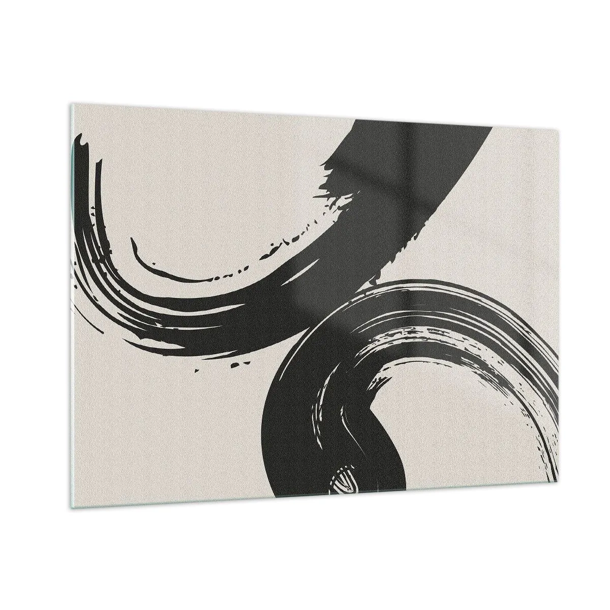 Cuadro sobre vidrio - Impresiones sobre Vidrio - Pinceladas caligráficas negras y dinámicas sobre un fondo claro. - 100x70cm - Barrido y circular - Decoración de pared moderna para salón y dormitorio ARTTOR
