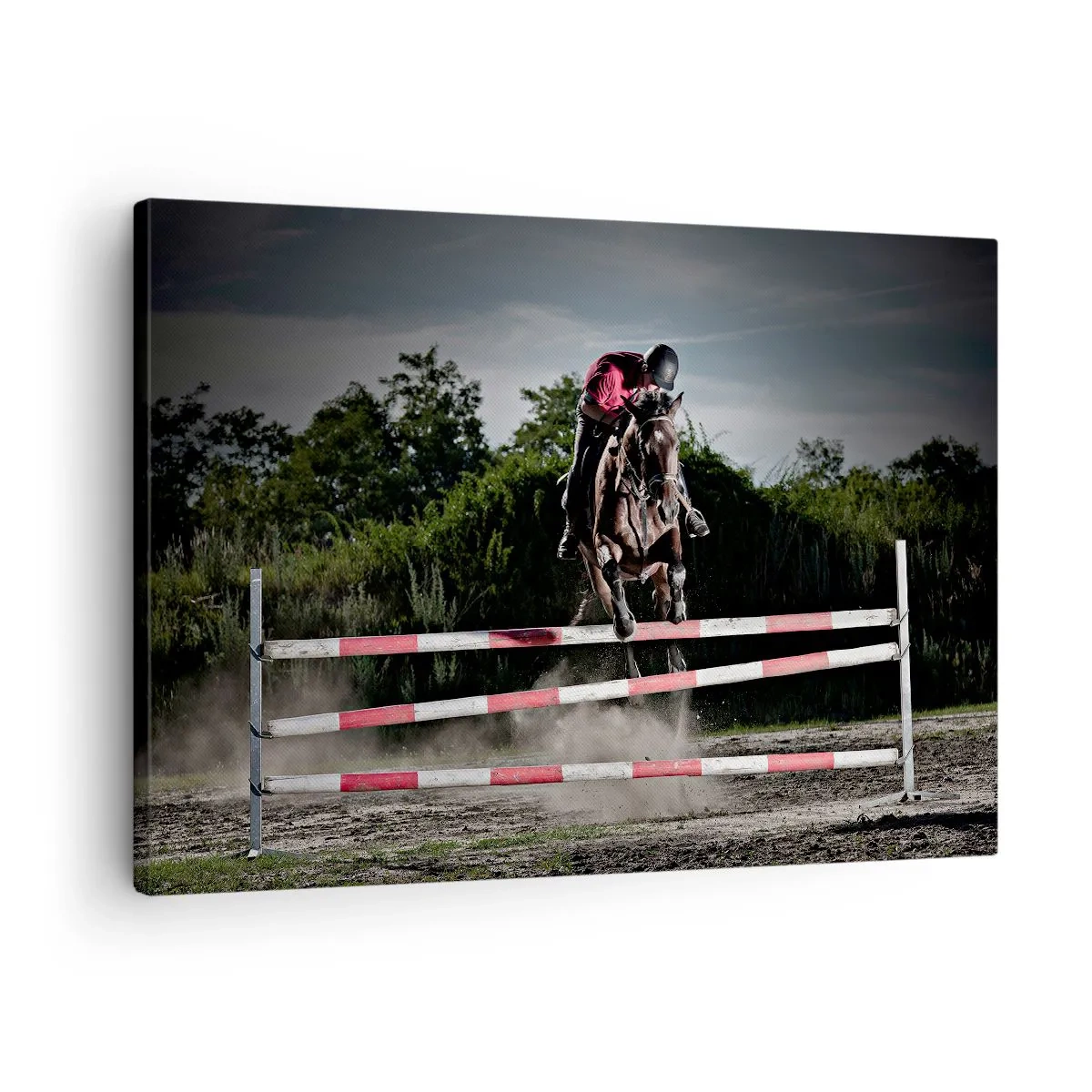 Cuadro sobre lienzo - Impresión de Imagen - Un jinete a caballo saltando sobre un obstáculo en una pista de carreras. - 70x50cm - Juntos por la victoria - Decoración de pared moderna para salón y dormitorio ARTTOR