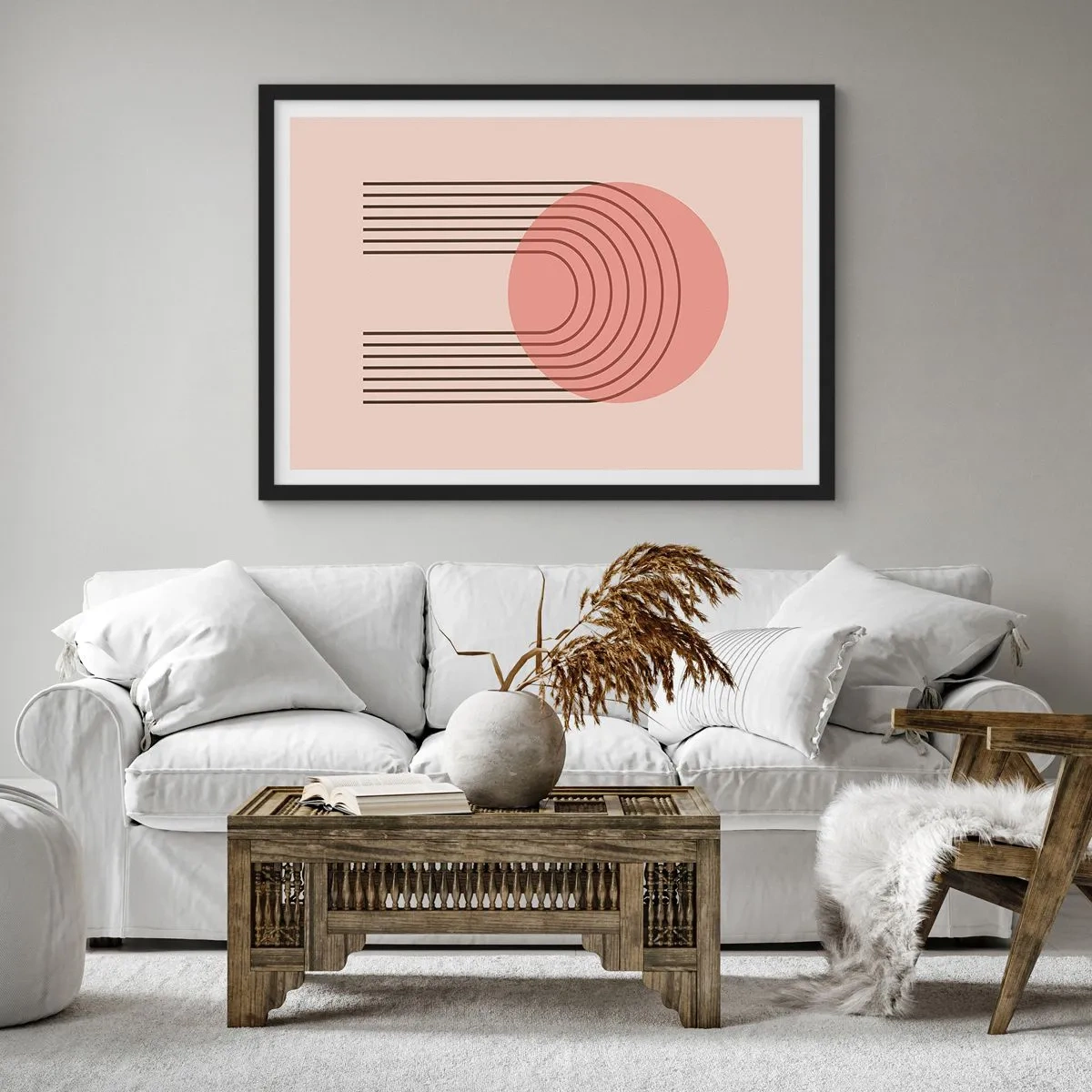 Póster en marco negro - Motivo abstracto con círculo rosa y líneas. - 70x50cm - Atracción irresistible - Decoración de pared moderna para salón y dormitorio ARTTOR