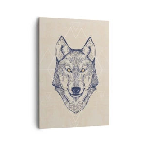 Cuadro sobre lienzo - Impresión de Imagen - Un lobo geométrico sobre un fondo claro con patrones minimalistas. - 50x70cm - La mirada del lobo alfa - Decoración de pared moderna para salón y dormitorio ARTTOR