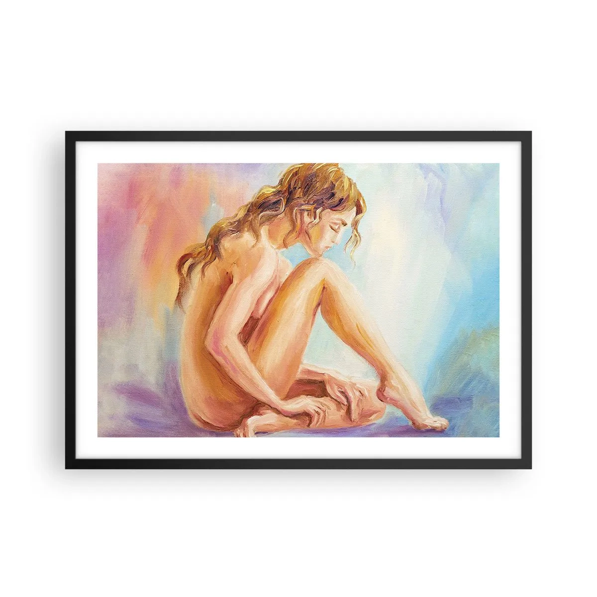 Póster en marco negro - Una delicada figura de una mujer sobre un fondo pastel. - 70x50cm - Acto de juventud - Decoración de pared moderna para salón y dormitorio ARTTOR