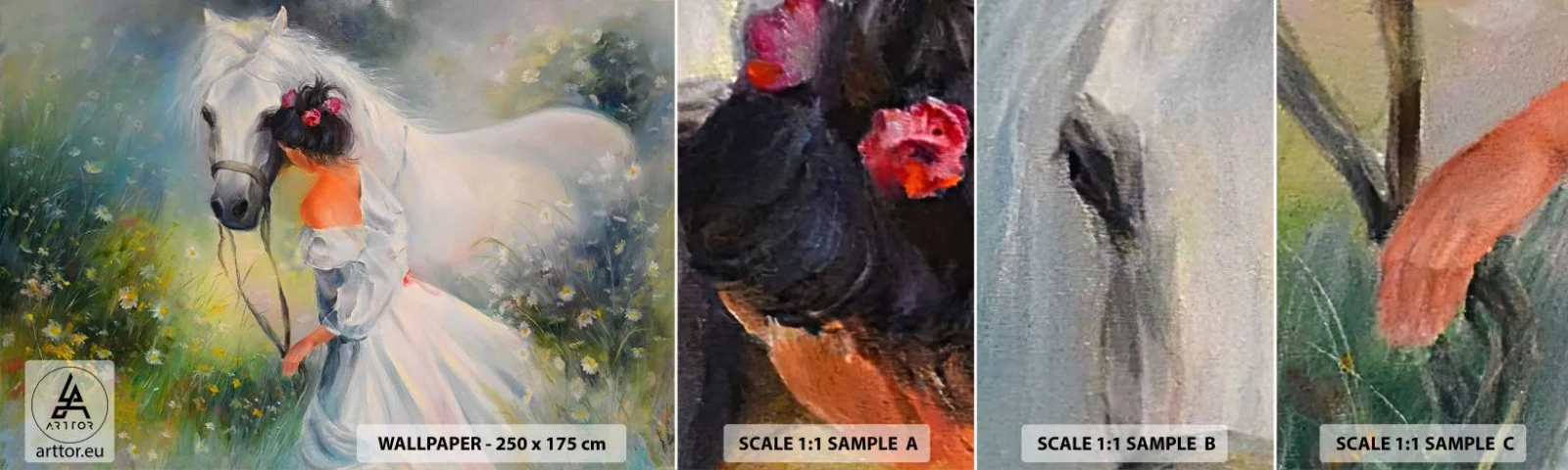 Muestra de fotomural autoadhesivo Deluxe Sticker - Como si de un hermoso sueño se tratara - Mujer, Caballo, Prado - 100x30 cm