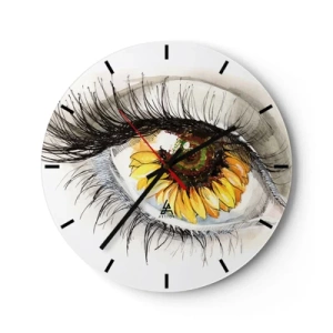 Reloj de pared - Reloj de vidrio - Ojo artístico con motivo de girasol. - 30x30cm - Un aspecto tan caluroso como el verano - Decoración de pared moderna para salón, cocina y dormitorio ARTTOR