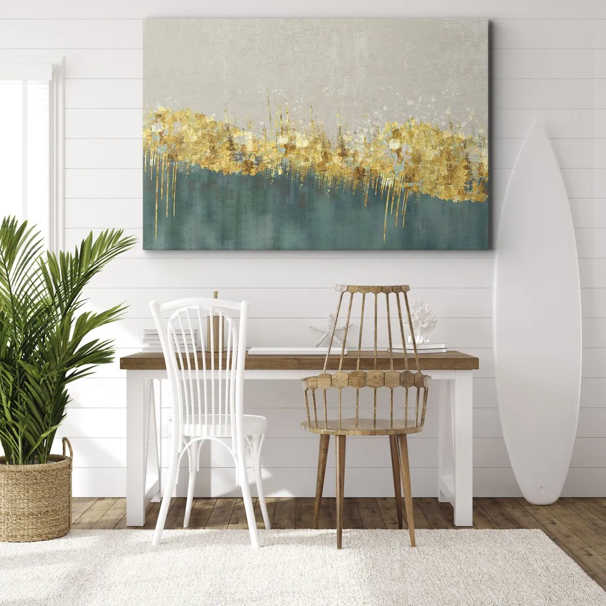 Cuadro sobre lienzo - Impresión de Imagen - Acentos dorados sobre un fondo verde-beige. - 70x50cm - La frontera dorada - Decoración de pared moderna para salón y dormitorio ARTTOR