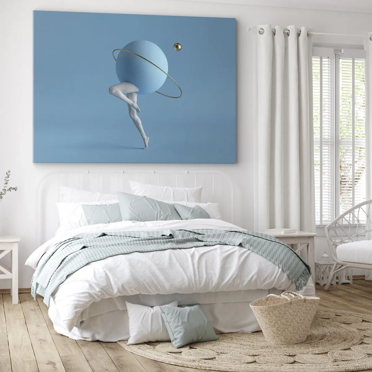 Cuadro sobre lienzo - Impresión de Imagen - Una esfera azul con una órbita y piernas humanas contra el cielo. - 70x50cm - Y los planetas se vuelven locos - Decoración de pared moderna para salón y dormitorio ARTTOR