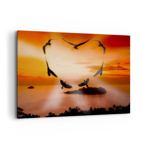 Cuadro sobre lienzo - Impresión de Imagen - Pájaros formando un corazón con el sol poniente como telón de fondo. - 120x80cm - Ama el mundo como los pájaros - Decoración de pared moderna para salón y dormitorio ARTTOR