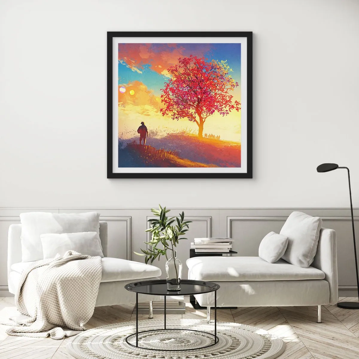 Póster en marco negro - Un peregrino en su destino - 40x40 cm