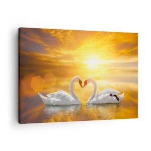 Cuadro sobre lienzo - Impresión de Imagen - Una escena romántica de dos cisnes formando un corazón con el telón de fondo de una puesta de sol dorada. - 70x50cm - Corazón es la palabra más bella del mundo…