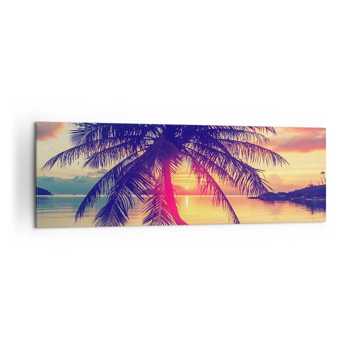 Cuadro sobre lienzo - Impresión de Imagen - Puesta de sol con una palmera sobre una orilla tranquila - 160x50cm - Atardecer bajo las palmeras - Decoración de pared moderna para salón y dormitorio ARTTOR