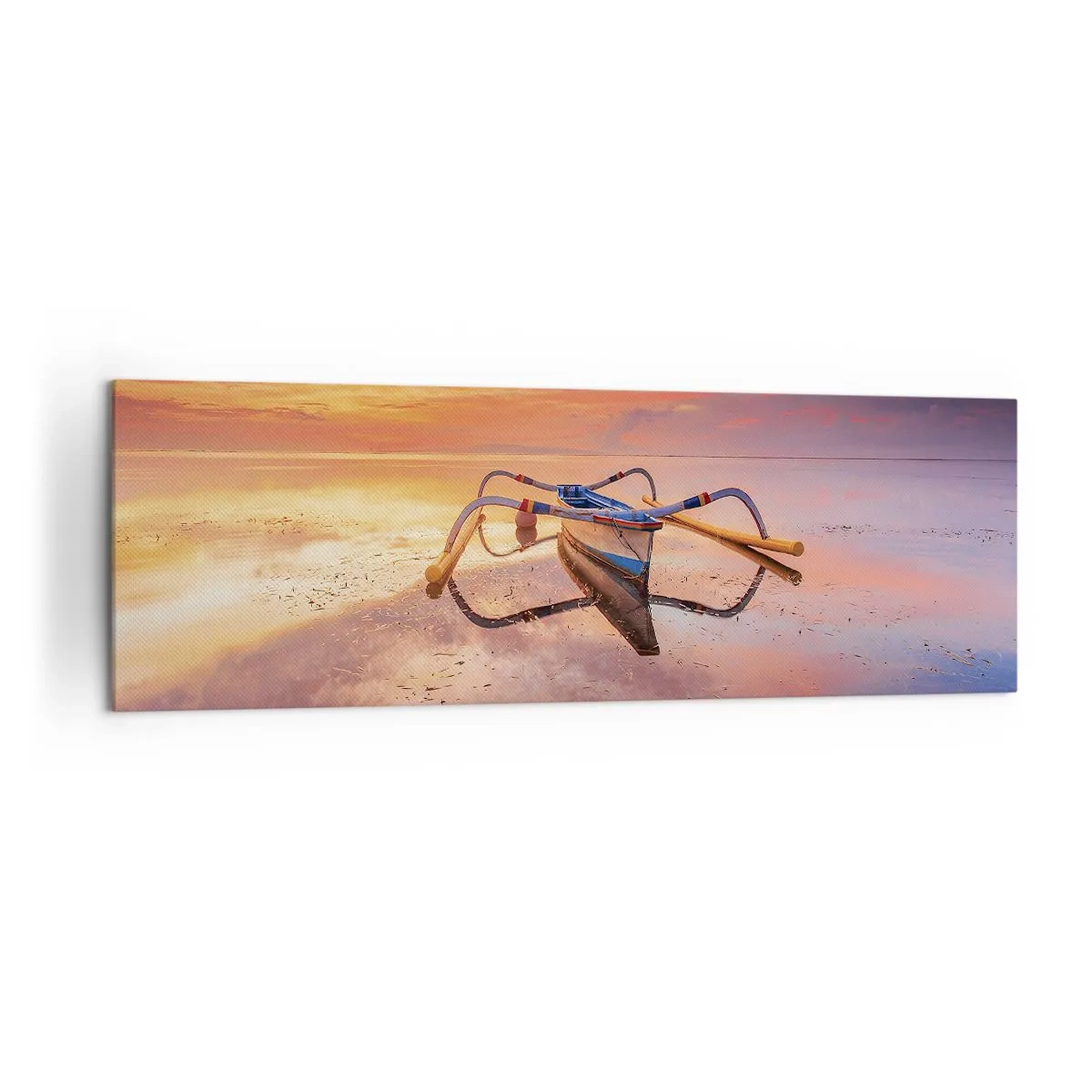Cuadro sobre lienzo - Impresión de Imagen - Un barco en aguas tranquilas al atardecer. - 160x50cm - Calma de una tarde tropical - Decoración de pared moderna para salón y dormitorio ARTTOR
