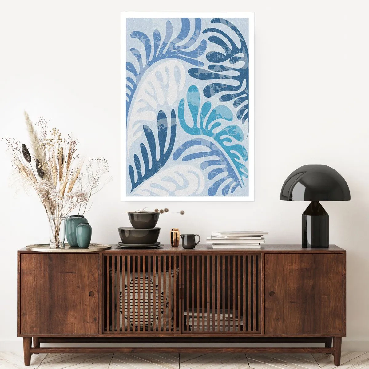 Póster - Composición abstracta de hojas en tonos azules. - 50x70cm - Helechos azules - Decoración de pared moderna para salón y dormitorio ARTTOR