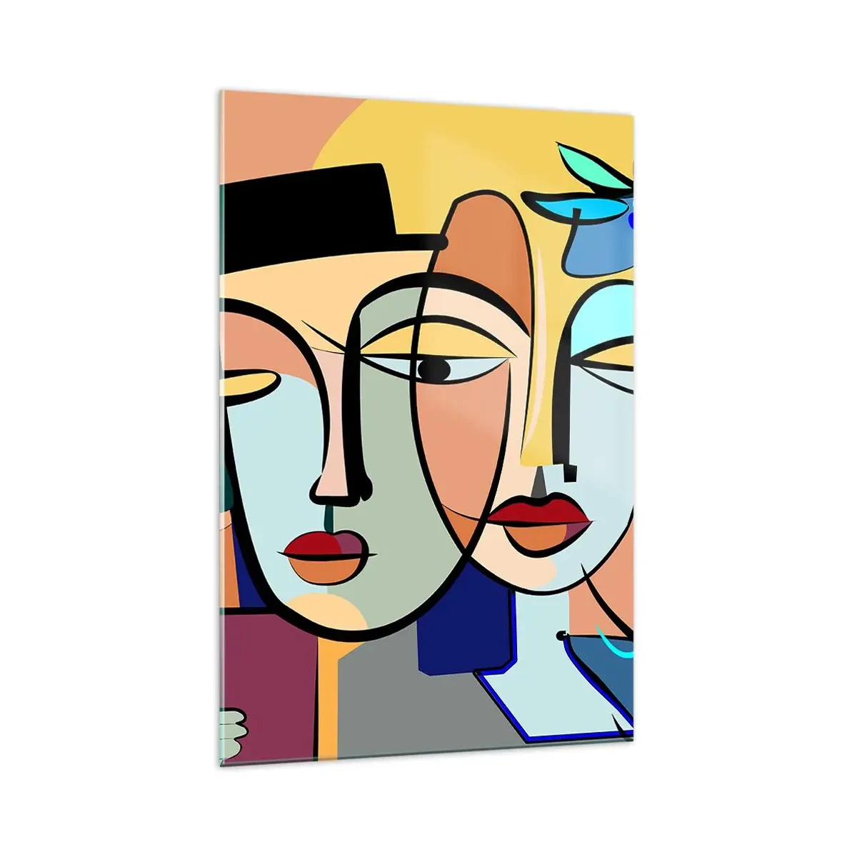 Cuadro sobre vidrio - Impresiones sobre Vidrio - Retratos cubistas en colores vibrantes con motivo floral. - 70x100cm - Randez vous de Picasso - Decoración de pared moderna para salón y dormitorio ARTTOR
