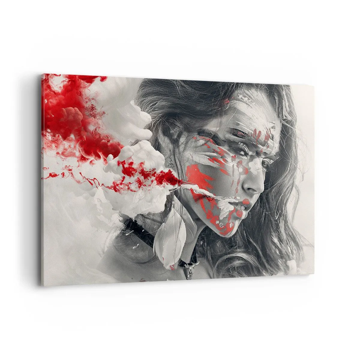 Cuadro sobre lienzo - Impresión de Imagen - Retrato artístico de una mujer con acentos rojos abstractos. - 100x70cm - En los humos del absurdo - Decoración de pared moderna para salón y dormitorio ARTTOR