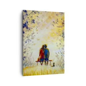 Cuadro sobre lienzo - Impresión de Imagen - Una pareja sentada en un banco entre árboles otoñales bajo la luz del sol. - 50x70cm - Un momento mágico - Decoración de pared moderna para salón y dormitorio ARTTOR
