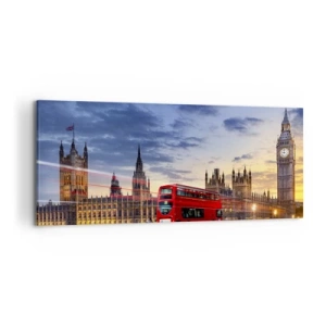 Cuadro sobre lienzo - Impresión de Imagen - Un autobús rojo con el Big Ben y las Casas del Parlamento al fondo al anochecer. - 120x50cm - Lo más característico - Decoración de pared moderna para salón y dormitorio ARTTOR