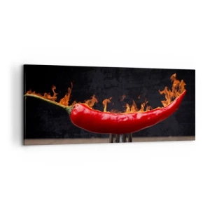 Cuadro sobre lienzo - Impresión de Imagen - Pimiento rojo flameado en un tenedor - 120x50cm - Un aperitivo ardiente - Decoración de pared moderna para salón y dormitorio ARTTOR