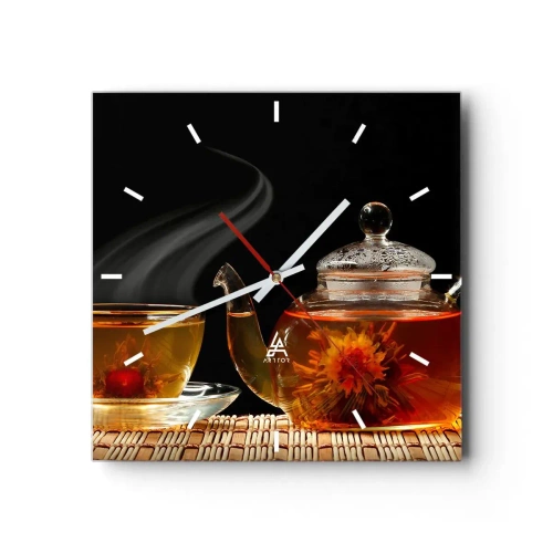 Reloj de pared - Reloj de vidrio - Tetera de cristal con té de flores y una taza. - 30x30cm - Magia y el arte del té - Decoración de pared moderna para salón y dormitorio ARTTOR