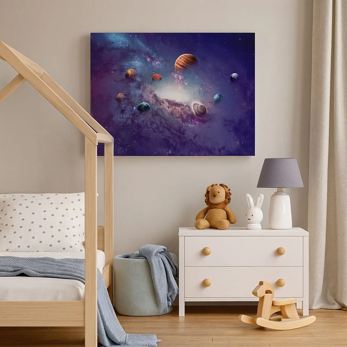 Cuadro sobre lienzo - Impresión de Imagen - Planetas en una galaxia con una nebulosa al fondo - 70x50cm - La danza alrededor del Sol - Decoración de pared moderna para salón y dormitorio ARTTOR