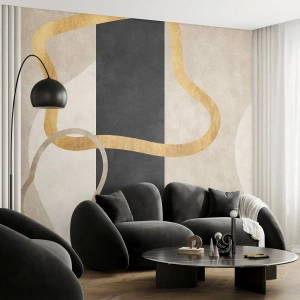 Fotomural Premium Sand - Líneas doradas y beige sobre un fondo negro y crema. - 100x70cm - Formas en bucle - Decoración de pared moderna para salón y dormitorio ARTTOR