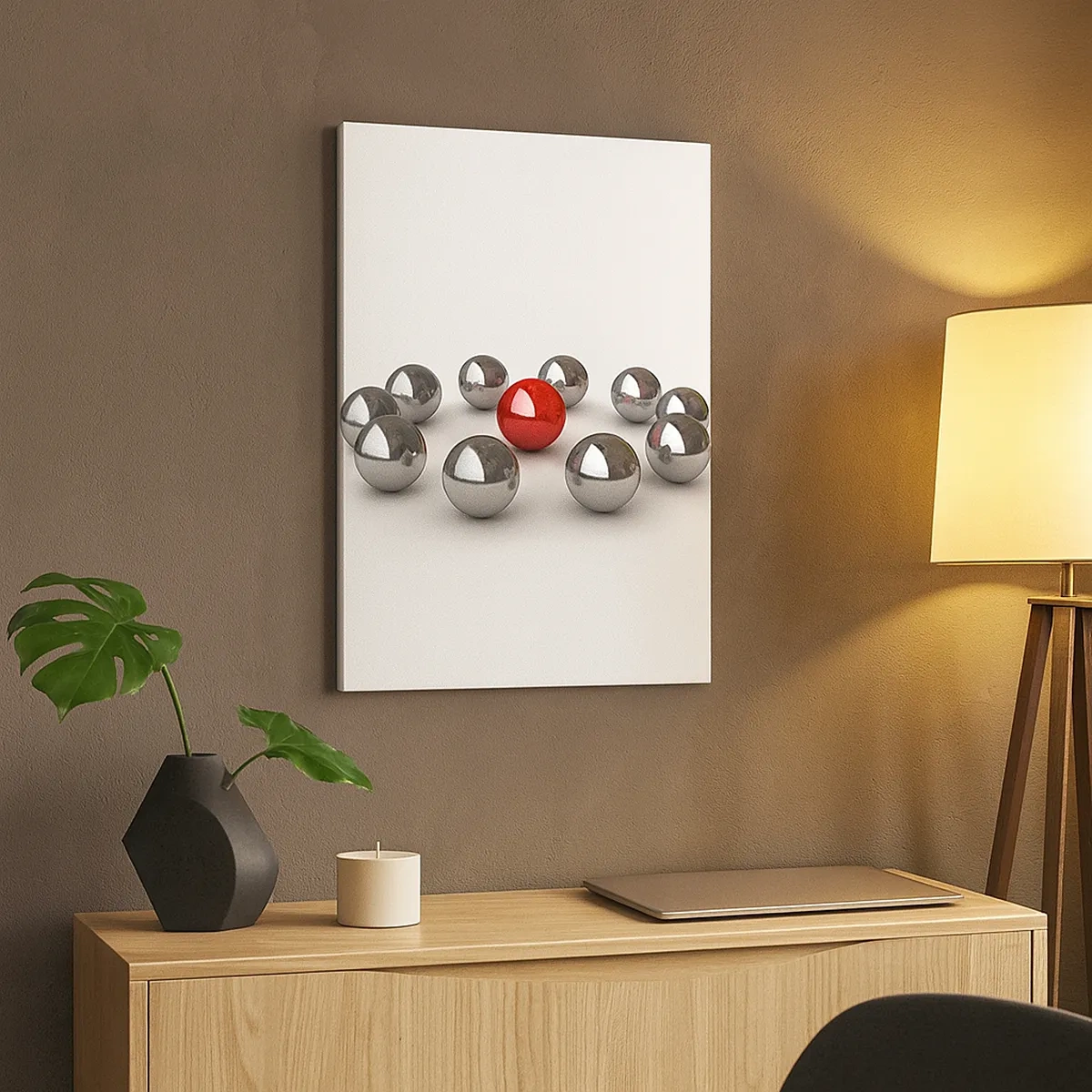 Cuadro sobre lienzo - Impresión de Imagen - Una bola roja rodeada de bolas plateadas sobre un fondo blanco. - 50x70cm - Círculo en plata y rojo - Decoración de pared moderna para salón y dormitorio ARTTOR