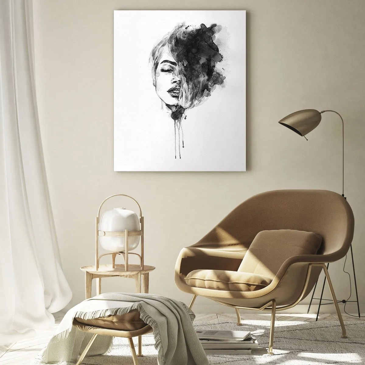 Cuadro sobre vidrio - Impresiones sobre Vidrio - Retrato en blanco y negro de una mujer con una sombra abstracta. - 50x70cm - Sueños en femenino - Decoración de pared moderna para salón y dormitorio ARTTOR