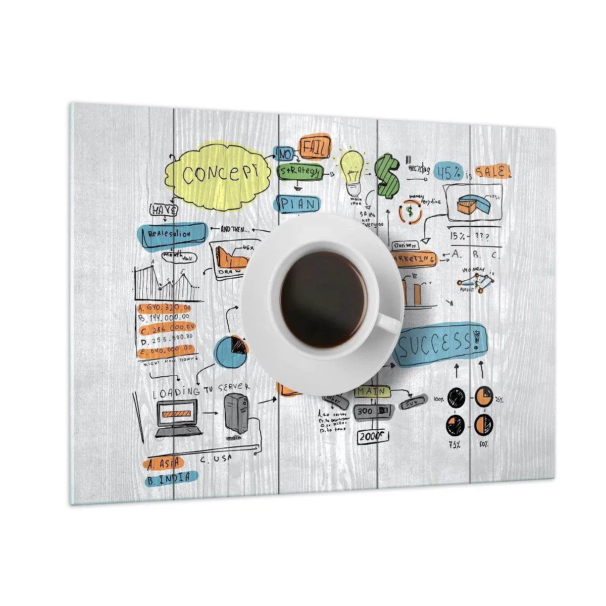 Cuadro sobre vidrio - Impresiones sobre Vidrio - Una taza de café sobre un fondo de diagramas y dibujos conceptuales. - 100x70cm - Tiempo de descanso - Decoración de pared moderna para salón y dormitorio ARTTOR