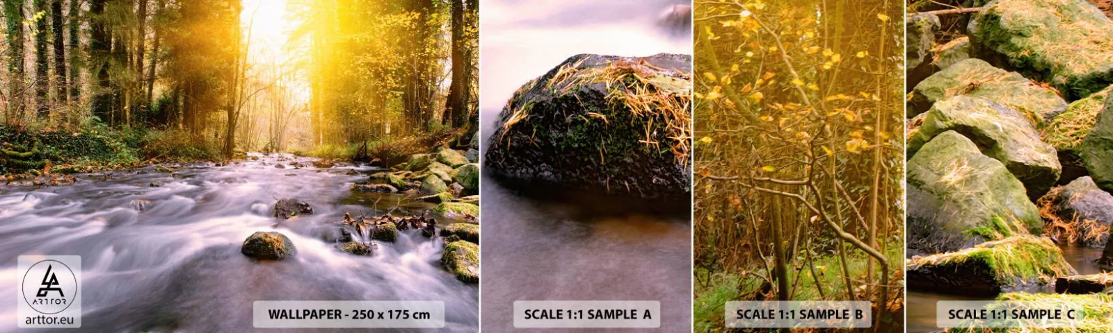 Muestra de fotomural autoadhesivo Deluxe Sticker - Malaquita en un marco de plata y oro - Paisaje, Arroyo de montaña, Bosque - 100x30 cm