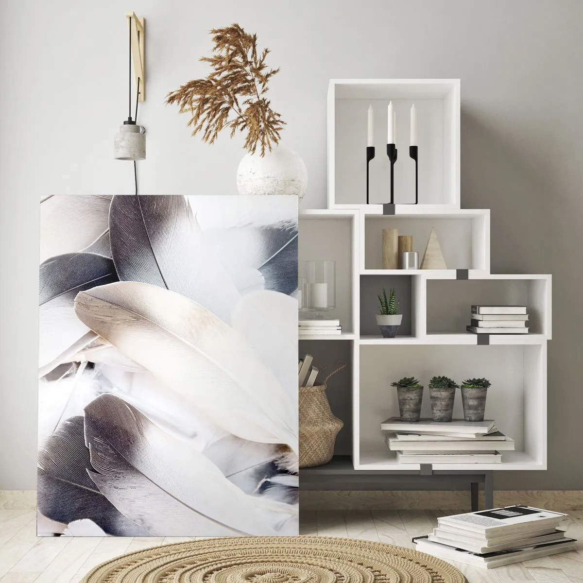 Cuadro sobre vidrio - Impresiones sobre Vidrio - Primer plano de delicadas plumas en tonos blancos y grises. - 80x120cm - Casi angelical - Decoración de pared moderna para salón y dormitorio ARTTOR