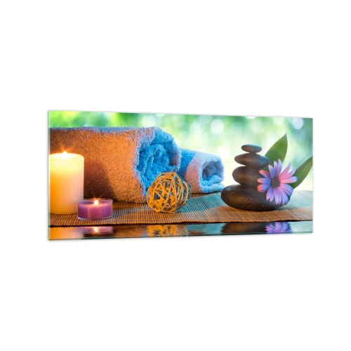 Cuadro sobre vidrio - Impresiones sobre Vidrio - Set de SPA relajante con toallas, velas y piedras - 120x50cm - Tiempo para el cuerpo - Decoración de pared moderna para salón y dormitorio ARTTOR