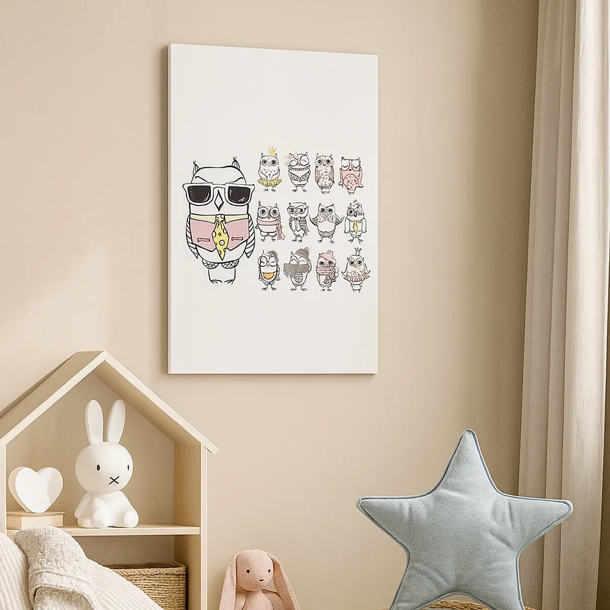 Cuadro sobre lienzo - Impresión de Imagen - Búhos en diferentes estilos y ropas. - 50x70cm - Tantos papeles que desempeñar - Decoración de pared moderna para salón y dormitorio ARTTOR