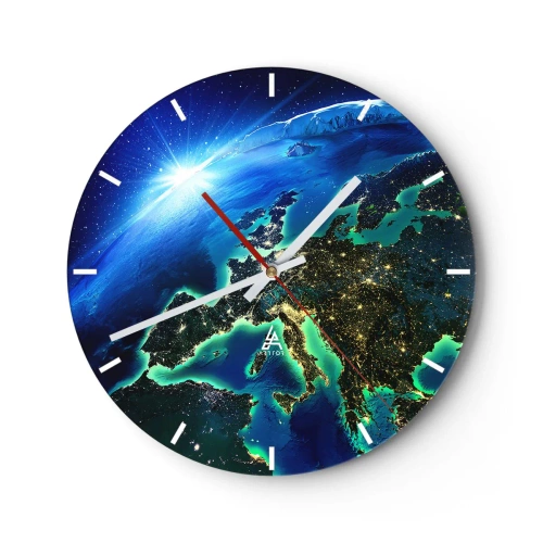 Reloj de pared - Reloj de vidrio - Vista de la Tierra desde el espacio con ciudades iluminadas - 30x30cm - Una Europa resplandeciente - Decoración de pared moderna para salón, cocina y dormitorio ARTTOR