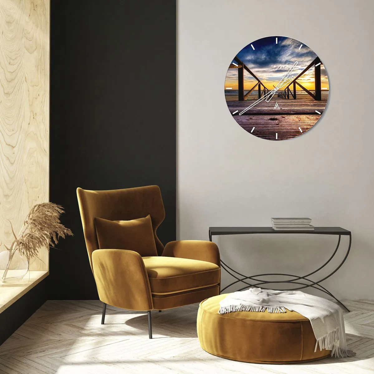 Reloj de pared - Reloj de vidrio - Atardecer visto desde un muelle de madera en la playa - 30x30cm - Directamente hacia una playa tranquila al atardecer - Decoración de pared moderna para salón, cocina y dormitorio ARTTOR