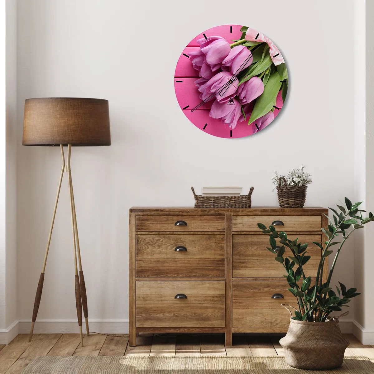 Reloj de pared - Reloj de vidrio - Un ramo de tulipanes rosas sobre un fondo rosa. - 30x30cm - Solo para ti - Decoración de pared moderna para salón, cocina y dormitorio ARTTOR
