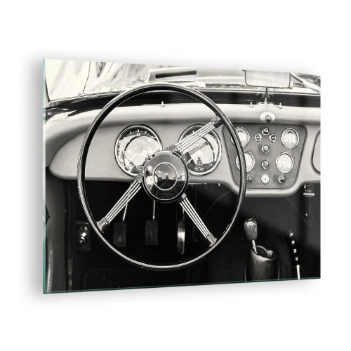 Cuadro sobre vidrio - Impresiones sobre Vidrio - El volante y los relojes de un coche clásico en sepia - 70x50cm - El sueño de un coleccionista - Decoración de pared moderna para salón y dormitorio ARTTOR