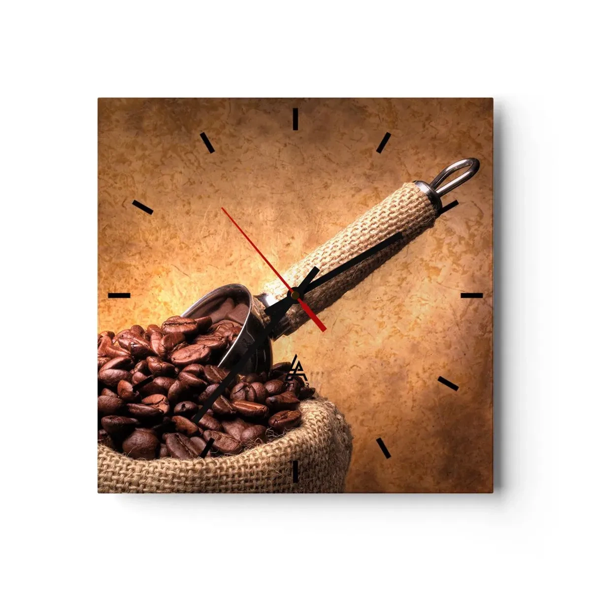 Reloj de pared - Reloj de vidrio - Granos de café en una bolsa de yute con una cuchara de metal. - 30x30cm - En la fuente del sabor - Decoración de pared moderna para salón y dormitorio ARTTOR