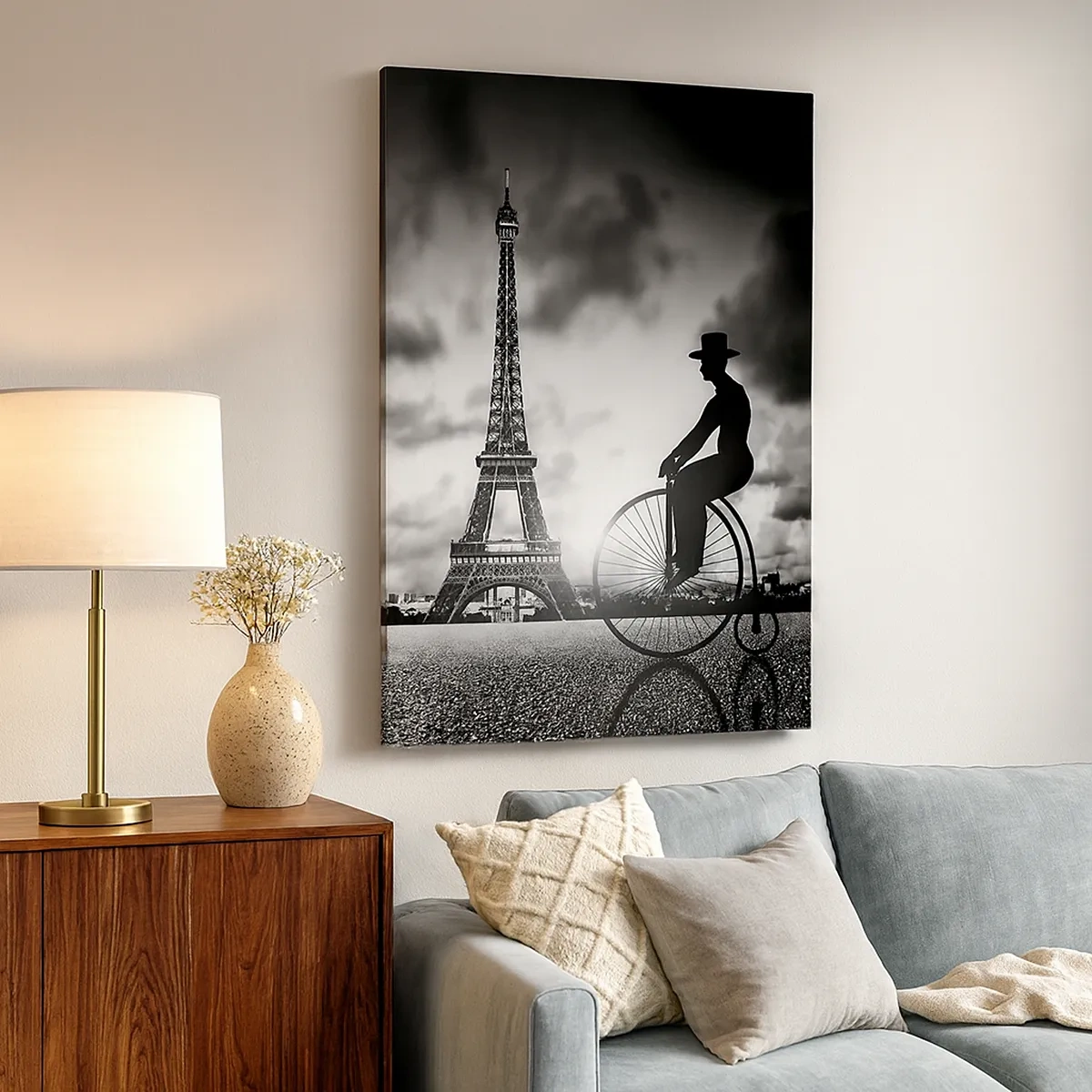 Cuadro sobre lienzo - Impresión de Imagen - Imagen en blanco y negro de una bicicleta retro con la Torre Eiffel al fondo. - 50x70cm - Añoranza de la Belle Epoque - Decoración de pared moderna para salón y dormitorio ARTTOR