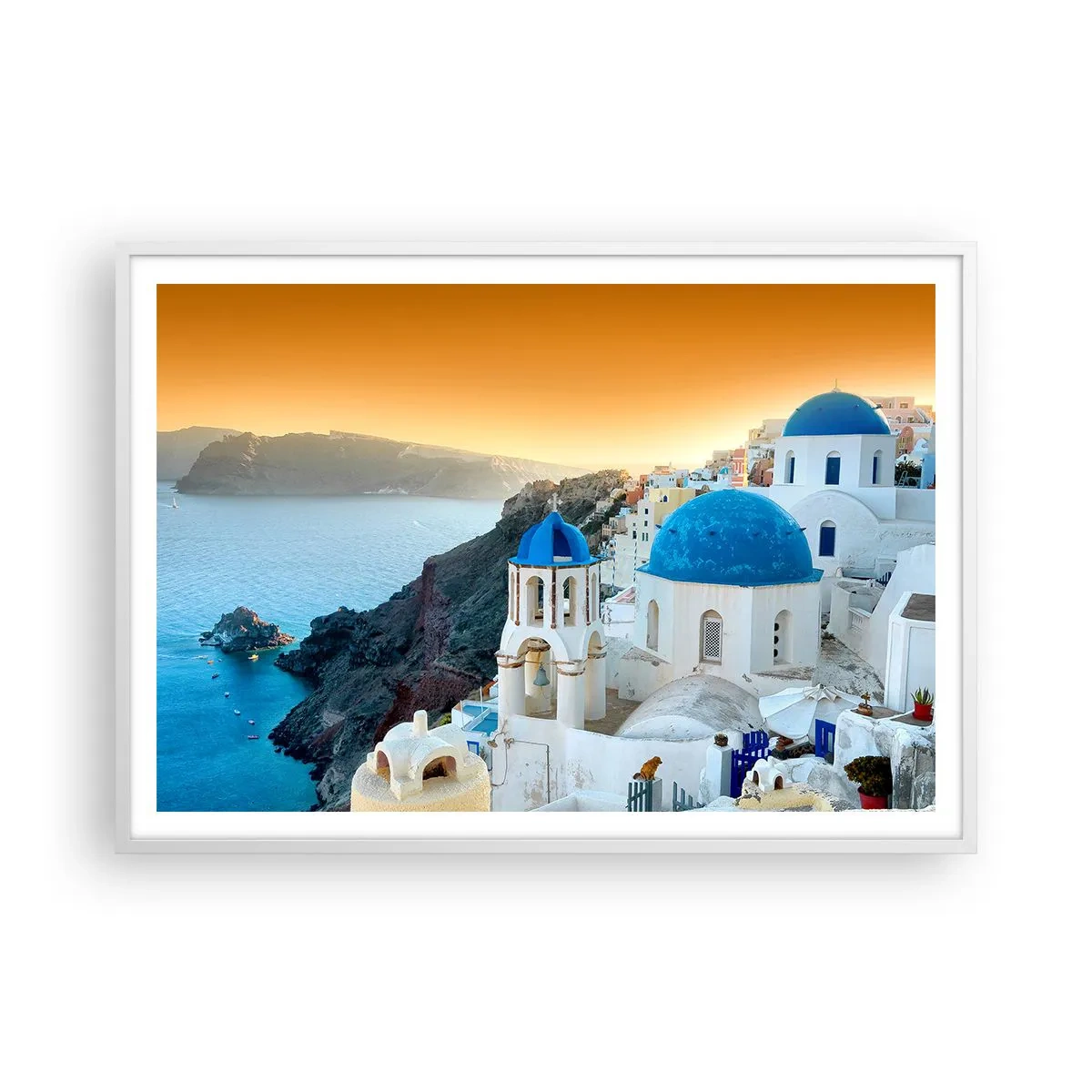 Póster en marco blanco - Santorini - el abrazo a las rocas - 100x70 cm