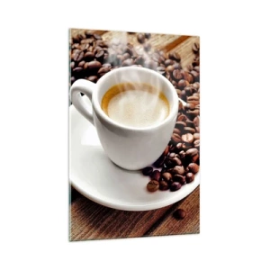 Cuadro sobre vidrio - Impresiones sobre Vidrio - Una taza de café aromático sobre un fondo de granos y una hoja. - 80x120cm - Café en el banco - Decoración de pared moderna para salón y dormitorio ARTTOR