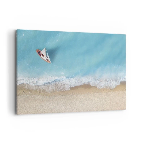 Cuadro sobre lienzo - Impresión de Imagen - Una vista de pájaro de un barco en la playa. - 120x80cm - Frontera celeste y dorada - Decoración de pared moderna para salón y dormitorio ARTTOR