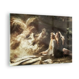 Cuadro sobre vidrio - Impresiones sobre Vidrio - Dos mujeres con un fénix ardiente en un entorno mágico - 70x50cm - Y hubo poesía - Decoración de pared moderna para salón y dormitorio ARTTOR