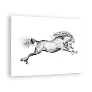 Cuadro sobre vidrio - Impresiones sobre Vidrio - Dibujo en blanco y negro de un caballo al galope. - 70x50cm - Captura al galope - Decoración de pared moderna para salón y dormitorio ARTTOR