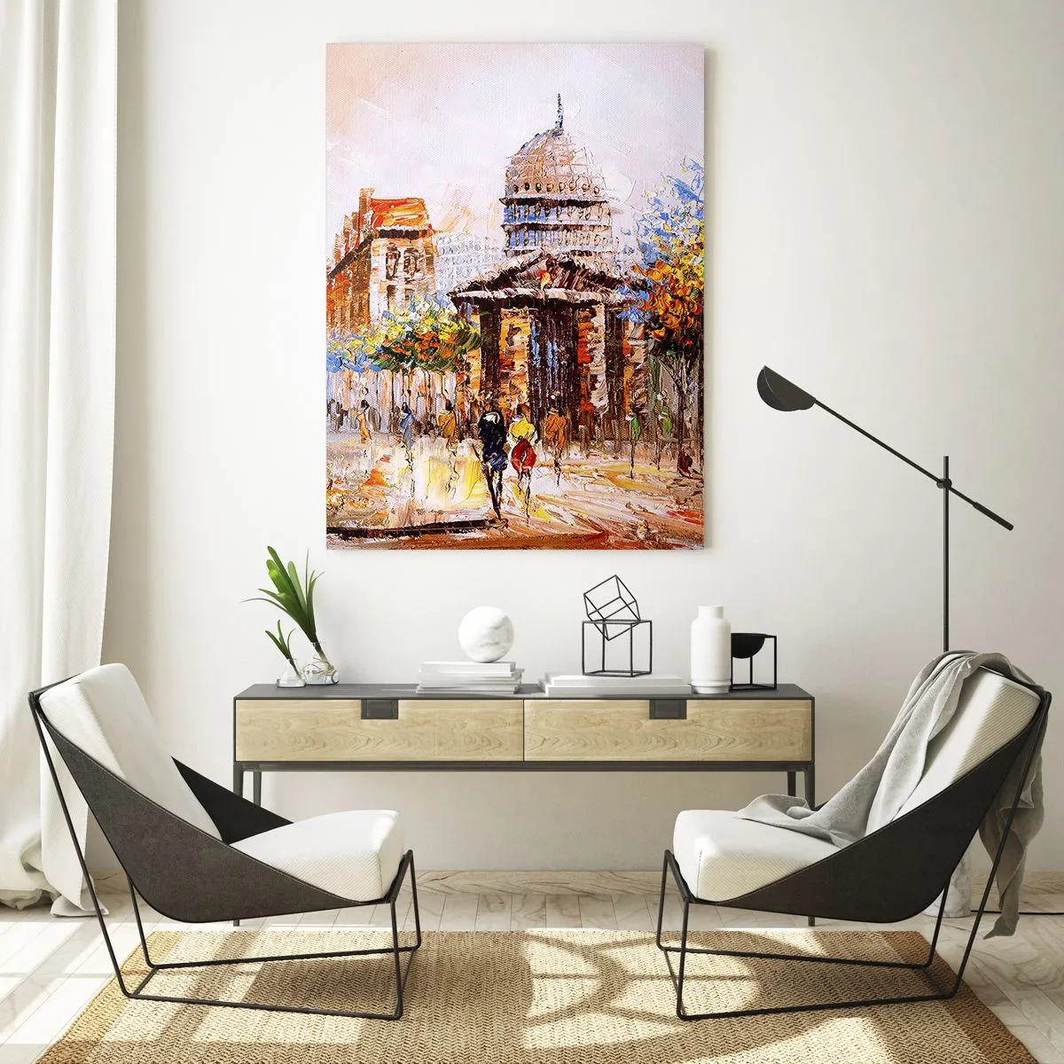 Cuadro sobre vidrio - Impresiones sobre Vidrio - Escena urbana impresionista con un edificio histórico. - 80x120cm - Un paseo parisino - Decoración de pared moderna para salón y dormitorio ARTTOR