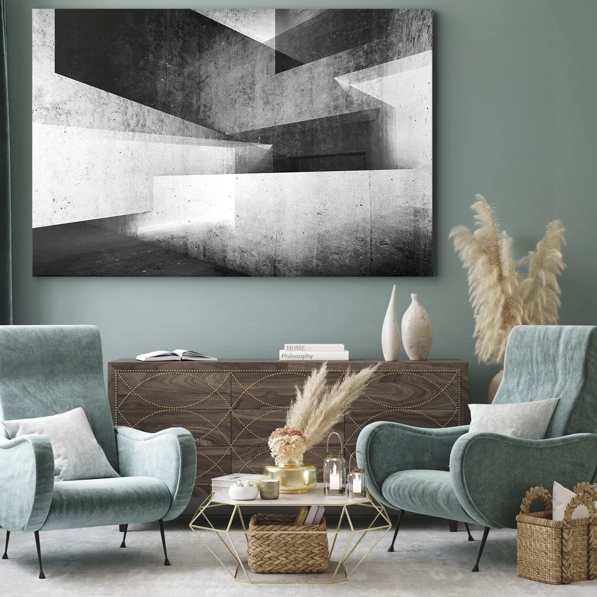 Cuadro sobre lienzo - Impresión de Imagen - Formas geométricas en una composición monocromática - 70x50cm - La estructura del espacio - Decoración de pared moderna para salón y dormitorio ARTTOR