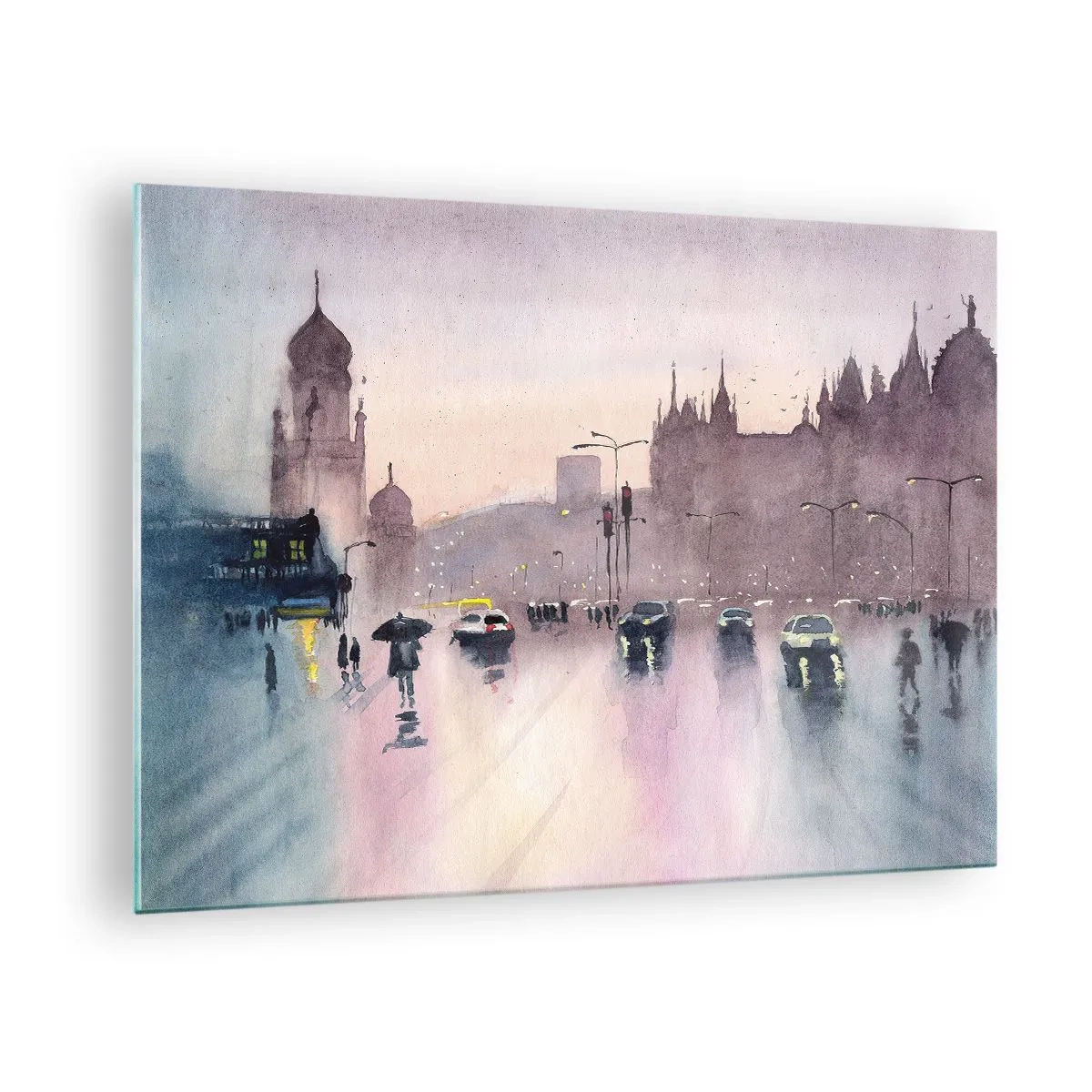 Cuadro sobre vidrio - Impresiones sobre Vidrio - Paisaje urbano lluvioso - 70x50cm - En una niebla lluviosa - Decoración de pared moderna para salón y dormitorio ARTTOR