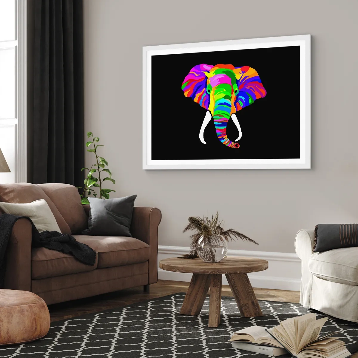 Póster en marco blanco - El elefante al que le gustaba bañarse en el arco iris - 91x61 cm