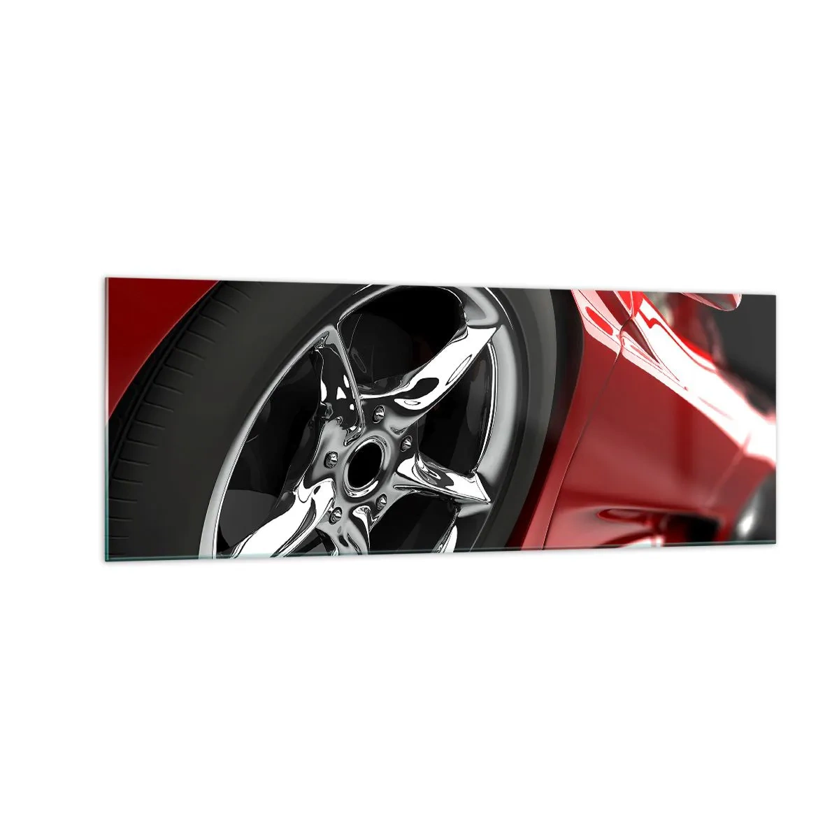 Cuadro sobre vidrio - Impresiones sobre Vidrio - Coche deportivo rojo con ruedas cromadas - 140x50cm - Creado para la velocidad - Decoración de pared moderna para salón y dormitorio ARTTOR