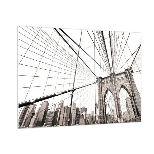Cuadro sobre vidrio - Impresiones sobre Vidrio - Un puente colgante con un panorama de la ciudad al fondo en sepia. - 100x70cm - Catedral de Nueva York - Decoración de pared moderna para salón y dormitorio ARTTOR
